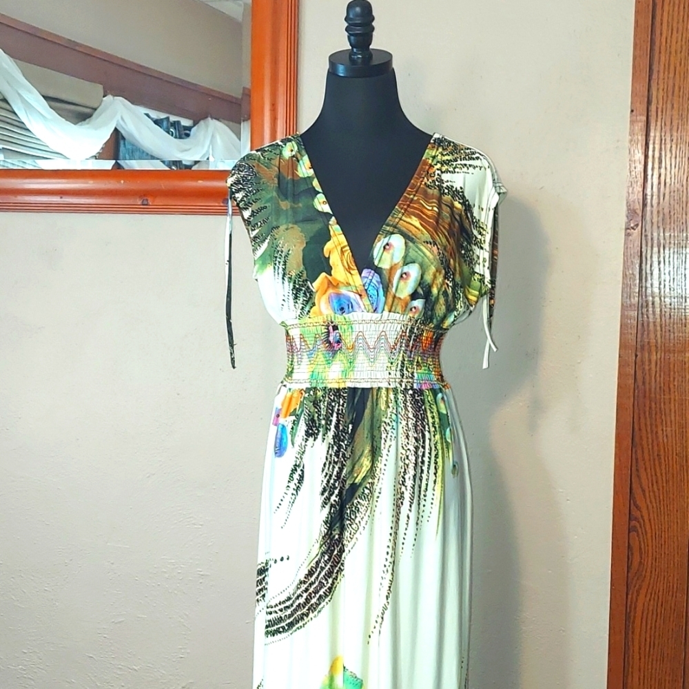 NWT Women's Morefeel Floral Abstract Empire Waist Matte Jersey Maxi Dress